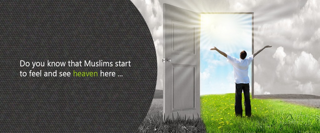 A boy in front of an open door, shinning sun, heaven is the eyes of Muslims